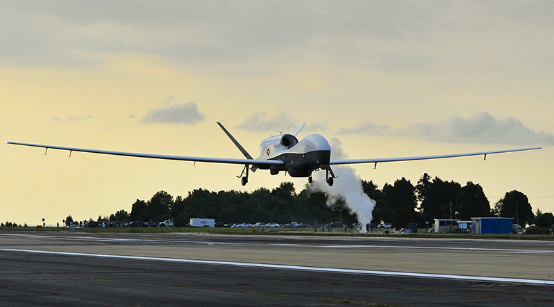 MQ-4C Triton unmanned aircraft system approaches the runway at Naval Air Station Patuxent River, Maryland, after completing its inaugural cross-country flight from California. US Navy photo by Kelly Schindler