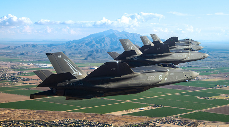 An Aussie and three US F-35A Lightning IIs on a training sortie near Luke Air Force Base, Arizona. Lockheed Martin photo