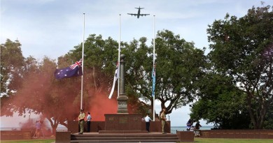 A P3 Orion from No 92 Wing, RAAF Base Darwin, conducts a fly over of the cenotaph during the 73rd anniversary of the Bombing of Darwin memorial service. Photo by Leading Seaman James Whittle