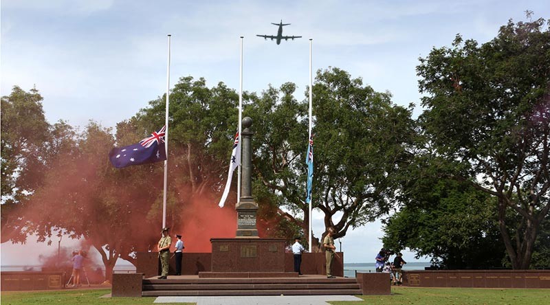 A P3 Orion from No 92 Wing, RAAF Base Darwin, conducts a fly over of the cenotaph during the 73rd anniversary of the Bombing of Darwin memorial service. Photo by Leading Seaman James Whittle