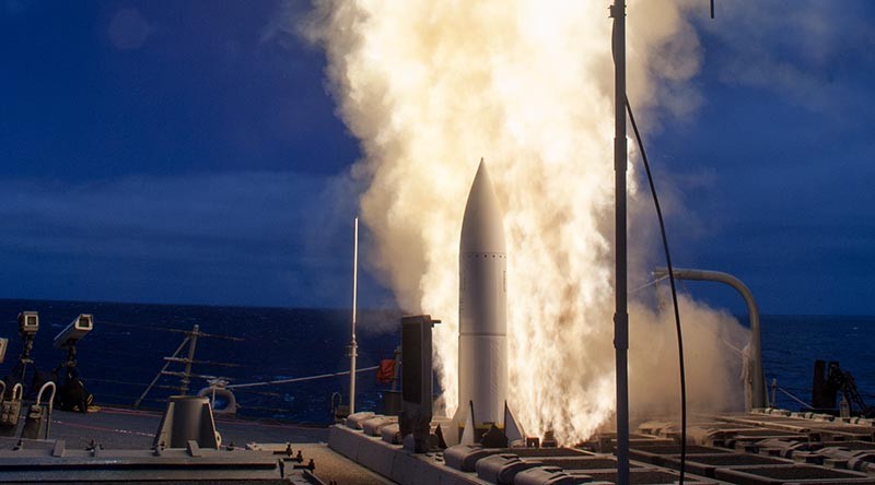 US Navy file photo –Arleigh-Burke class guided-missile destroyer USS John Paul Jones launches a Standard Missile 6 (SM-6) during a live-fire test of the ship's aegis weapons system in 2014.