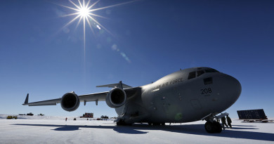 A No 36 Squadron C-17A Globemaster sits at Wilkins Aerodrome in Antarctica. File photo by Corporal David Said