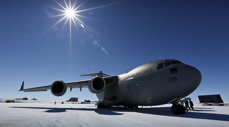 A No 36 Squadron C-17A Globemaster sits at Wilkins Aerodrome in Antarctica. File photo by Corporal David Said