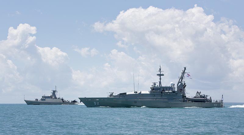 Armidale Class Patrol Boat HMAS Wollongong sails in-company with Indonesian Naval vessel KRI Samapri, before entering Darwin Harbour on conclusion of Exercise Cassowary. Photo by Able Seaman Kayla Hayes