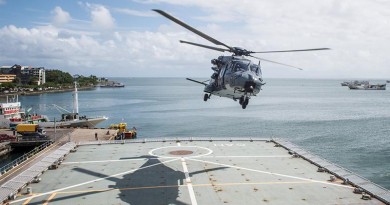 A RNZAF NH90 Helicopter takes off from the flight deck of HMNZS Canterbury whilst along side in Suva Port. The NZDF has deployed to Fiji to provide Humanitarian Aid and Distaster Relief following Tropical Cyclone Winston. NZDF photo