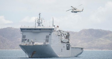 A Seasprite helicopter from HMNZS Canterbury operates in the islands of the Northern Lau Group.NZDF photo