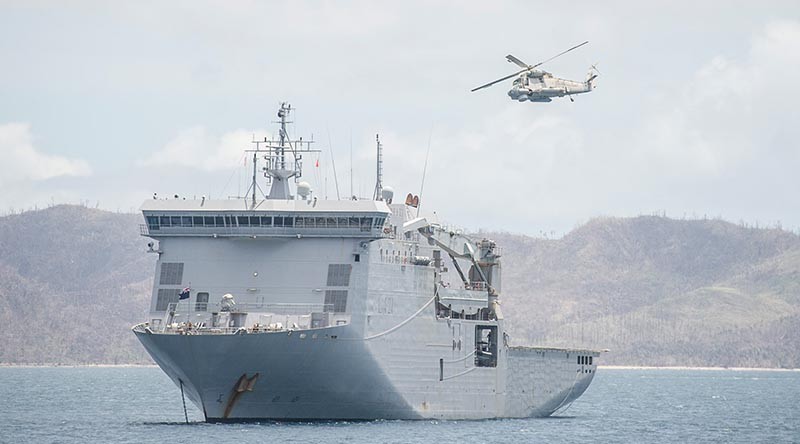 A Seasprite helicopter from HMNZS Canterbury operates in the islands of the Northern Lau Group.NZDF photo