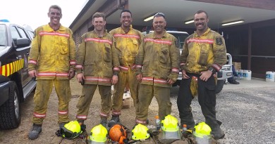 NZDF firefighters in Tasmania, Lance Corporal Thomas Grant, Leading Aircraftman Jonathan McGovern, Lance Corporal Lance Harris, Warrant Officer Class 1 Brent Ruruku and Corporal Joshua Nahi after a day of fighting wildfires at Arthur River in north-western Tasmania.
