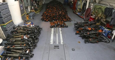 Weapons seized by HMAS Darwin from a small-arms smuggler boarded approximately 170 nautical miles off the coast of Oman.