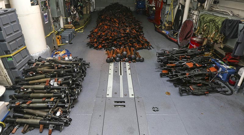 Weapons seized by HMAS Darwin from a small-arms smuggler boarded approximately 170 nautical miles off the coast of Oman.
