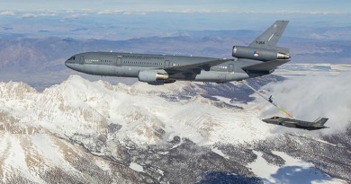 EDWARDS AIR FORCE BASE, Calif. -- Photos of Royal Netherland's Air Force KDC-10 tanker and F-35 Joint Strike Fighter conducting aerial refueling tests above Mount Whitney, Owens Valley, and the Western Mojave Desert in Southern California, March 31, 2016. U.S. Air Force photo by Chris Okula