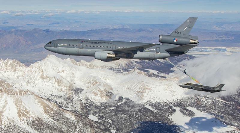 EDWARDS AIR FORCE BASE, Calif. -- Photos of Royal Netherland's Air Force KDC-10 tanker and F-35 Joint Strike Fighter conducting aerial refueling tests above Mount Whitney, Owens Valley, and the Western Mojave Desert in Southern California, March 31, 2016. U.S. Air Force photo by Chris Okula