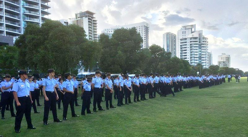 Cadets and instructors of 7 Wing Australian Air Force Cadets form up at Langley Park before their Freedom of Entry parade in Perth. Photo taken from 7 Wing's Facebook page and edited by CONTACT.