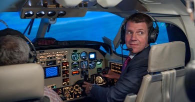 Mike Baird in a King Air simulator at Elbit Systems facility in Israel.