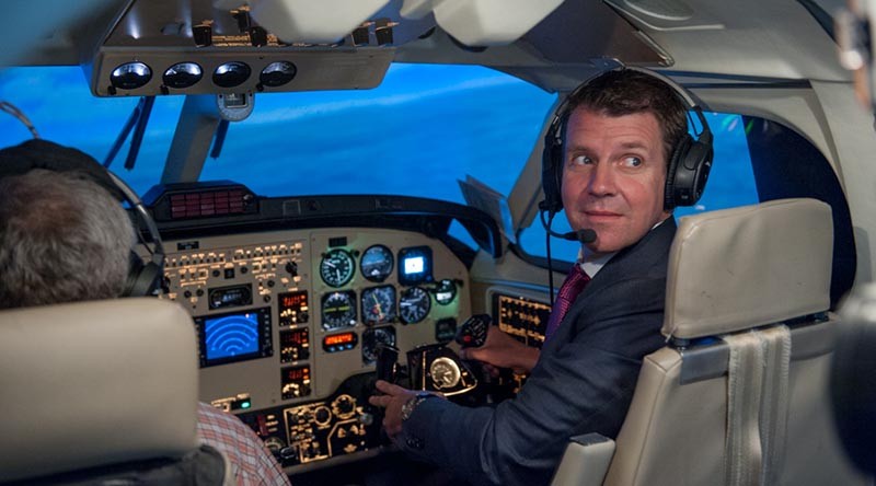 Mike Baird in a King Air simulator at Elbit Systems facility in Israel.
