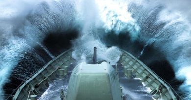 HMAS Arunta plows into a wave off the coast of Victoria. Photo by Able Seaman Tom Gibson