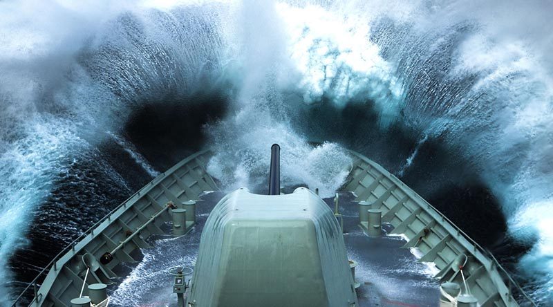 HMAS Arunta plows into a wave off the coast of Victoria. Photo by Able Seaman Tom Gibson