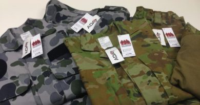 Soldier On swing tags on ADA-produced uniforms.