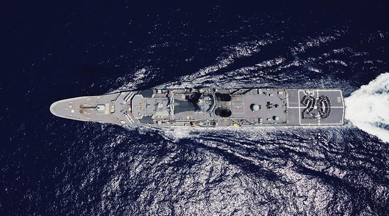 Ship's Company of HMAS Anzac form the number 20 on the flight deck to mark its 20th Birthday at sea during its South East Asia Deployment 2016. Photo by Able Seaman Nicolas Gonzalez