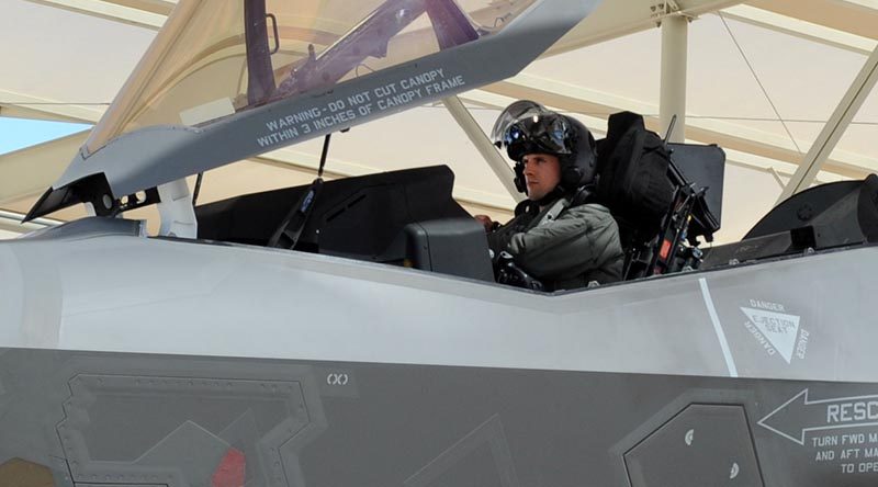 Australia's third F-35A pilot Flight Lieutenant Edwin Borrman undertakes his first flight in in a F-35A aircraft.