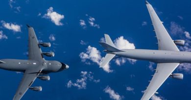 Flight test trials of a RAAF KC-30A Multi Role Tanker Transport refuelling a RAAF C-17A Globemaster III during the first air-to-air refuel near Brisbane Queensland. Photo by Sergeant Rodney Welch