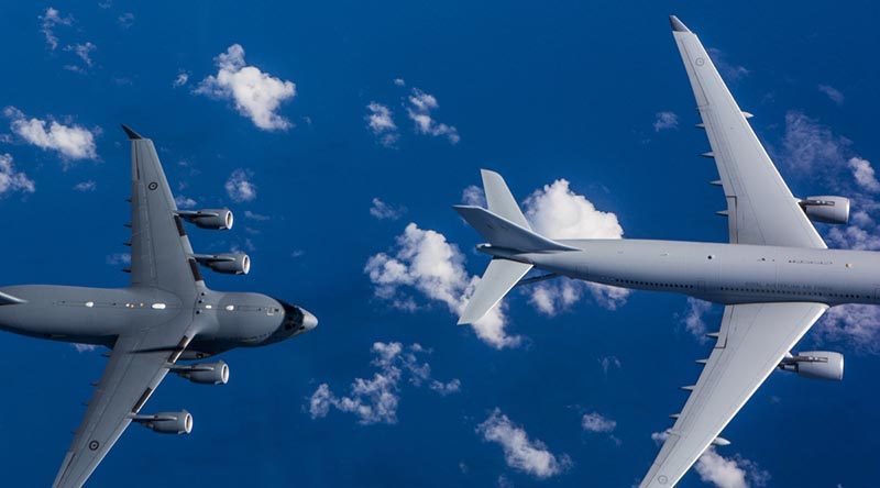 Flight test trials of a RAAF KC-30A Multi Role Tanker Transport refuelling a RAAF C-17A Globemaster III during the first air-to-air refuel near Brisbane Queensland. Photo by Sergeant Rodney Welch