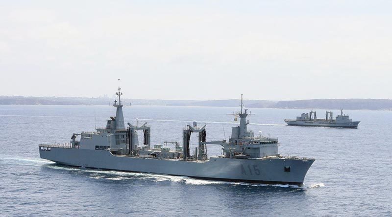 ESPS Cantabria (foreground) in company with HMAS Success off Sydney after the Spanish tanker joined the Royal Australian Navy in 2013. Photo by Leading Seaman Peter Thompson