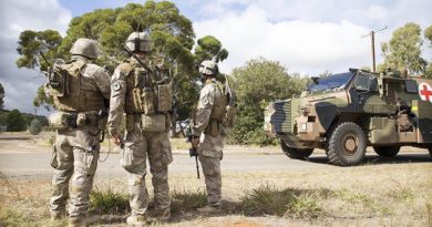 New Zealand Army soldiers provide force protection during the mission rehearsal exercise for Task Group Taji 3 at RAAF Base Edinburgh. NZDF photo.