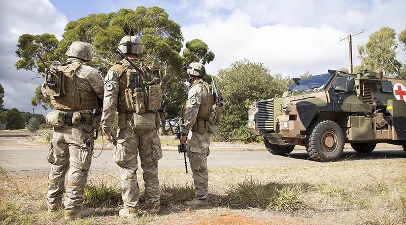 New Zealand Army soldiers provide force protection during the mission rehearsal exercise for Task Group Taji 3 at RAAF Base Edinburgh. NZDF photo.