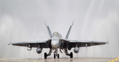 An F/A-18A Hornet goes through a desalination 'bird-bath'. Photo by Corporal Melina Young