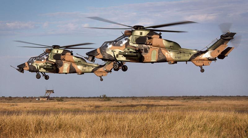 Tiger Armed Reconnaissance Helicopters land at RAAF Learmonth after conducting security operations during an Exercise Northern Shield scenario. Photo by Corporal Janine Fabre