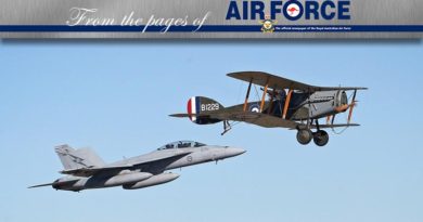 A formation flight with No 1 Squadron (1SQN) F/A-18F Super Hornets and a Bristol F2B Fighter (aircraft flown by 1SQN in World War 1) commemorates the SQN’s Centenary and marked 1SQN's first operational sorties on 12 June 1916. The Bristol F2B Fighter was provided by TAVAS (WWI vintage aircraft society) and flown by Jack McDonald. The Bristol was painted in WWI-era 1SQN colours and had the tail number B1229. The tail number was flown by Ross McPherson Smith who achieved 10 of his 11 victories in this aircraft.Photo by David White