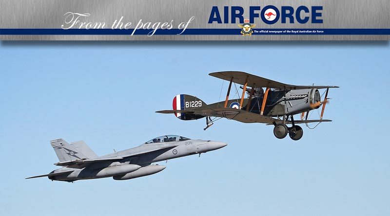 A formation flight with No 1 Squadron (1SQN) F/A-18F Super Hornets and a Bristol F2B Fighter (aircraft flown by 1SQN in World War 1) commemorates the SQN’s Centenary and marked 1SQN's first operational sorties on 12 June 1916. The Bristol F2B Fighter was provided by TAVAS (WWI vintage aircraft society) and flown by Jack McDonald. The Bristol was painted in WWI-era 1SQN colours and had the tail number B1229. The tail number was flown by Ross McPherson Smith who achieved 10 of his 11 victories in this aircraft.Photo by David White