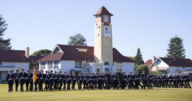 New Entry Officers' Course 54 perform an 'eyes right' as they march past Reviewing Officer, Chief of Defence Force Air Chief Marshal Mark Binskin during their 'Passing out Parade' at HMAS Creswell. Photo by Leading Seaman Sarah Williams