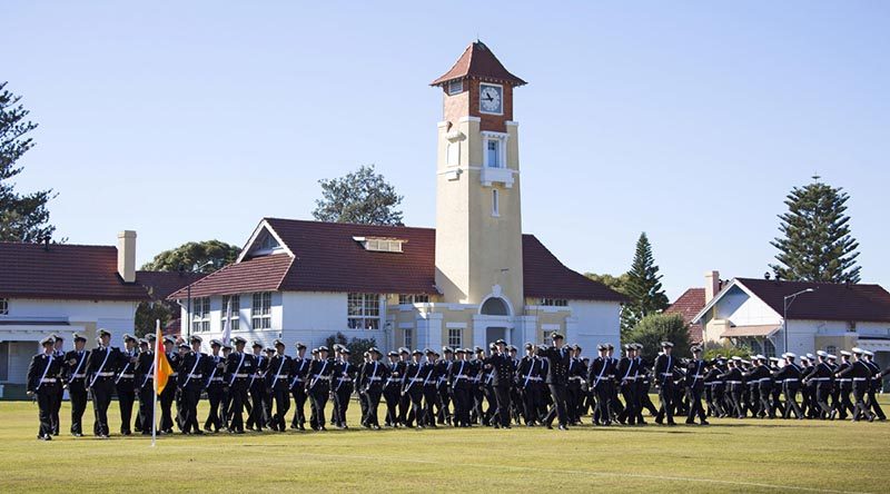 New Entry Officers' Course 54 perform an 'eyes right' as they march past Reviewing Officer, Chief of Defence Force Air Chief Marshal Mark Binskin during their 'Passing out Parade' at HMAS Creswell. Photo by Leading Seaman Sarah Williams