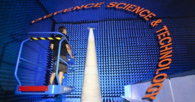 Shane Hatty from Defence Science and Technology Group, conducts radar cross section measurements in the Anechoic Chamber. Photo by Corporal Nicci Freeman, altered by CONTACT