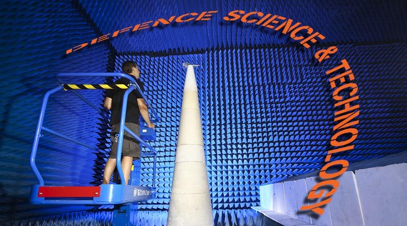 Shane Hatty from Defence Science and Technology Group, conducts radar cross section measurements in the Anechoic Chamber. Photo by Corporal Nicci Freeman, altered by CONTACT