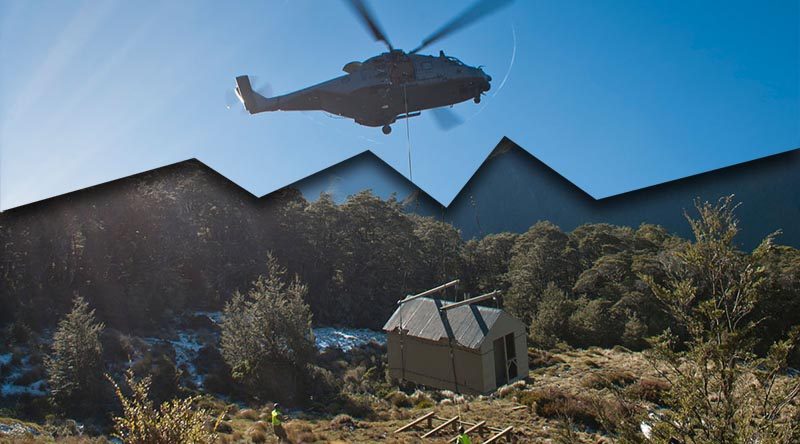 The Department of Conservation working alongside 5 Movements Company, New Zealand Army, and 3 Sqn, Royal New Zealand Air Force to shift Fell Hut, in the Richmond Ranges to a new site. The hut required moving as it was sitting on a slow moving landslip. 5 Moves company worked alongside DOC to prepare the hut for the shift, which occured by being slung under the NH90 Helicopter.