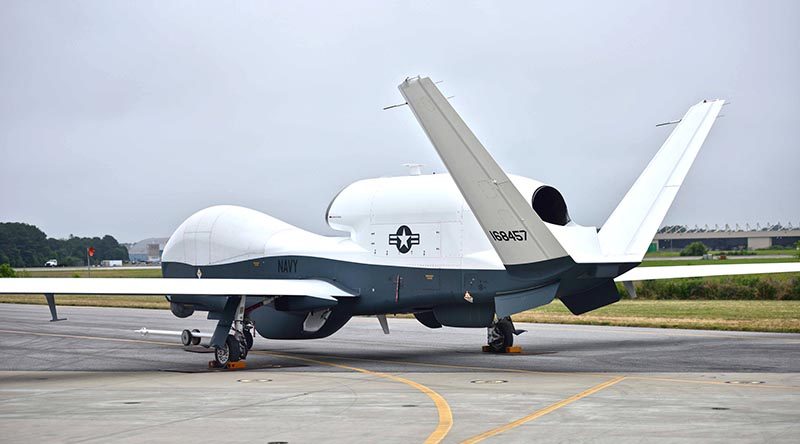 A Northrop Grumman MQ-4C Triton prepares for a flight test in June 2016 at Naval Air Station Patuxent River, Md. During two recent tests, the unmanned air system completed its first heavy weight flight and demonstrated its ability to communicate with the P-8 aircraft while airborne. (U.S. Navy photo)