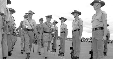 FILE PHOTO (1983): Soldiers of 3RAR parade at Holsworthy parade for the 32nd anniversary of The Battle of Kapyong. They are inspected by the Colonel Commandant of The Royal Australian Regiment , General Sir Arthur Macdonald, escorted by Lieutenant Colonel Jim Connolly, CO 3RAR. Also on parade were 120 Scots Guards, in Australia for training with 3RAR. Australian Army file photo by Private Talon.