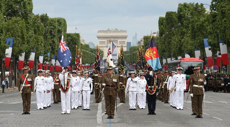 The Australian Defence Force contingent marches down the Avenue des Champs-Élysées in Paris to commemorate the French National Day, on 14 July 2016. Photo by Sergeant Janine Fabre