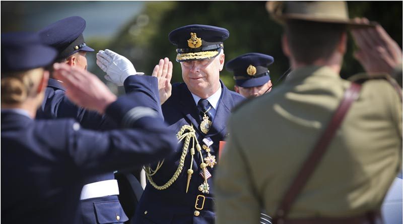 Chief of the Defence Force, Air Chief Marshal Mark Binskin, AC arrives at the Battle of Brittan wreath laying ceremony at the Hobart Cenotaph. Photo by Corporal Shannon McCarthy