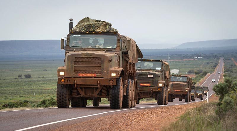 United States Marine Corps personnel embedded with the Australian Army's 1st Brigade conduct a road move during Exercise Hamel in Cultana training area, South Australia. Photo by Corporal Nunu Campos