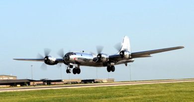 A B-29 Superfortress, known as ‘Doc,’ takes off for the first time in 60 years, in 17 July 2016, at McConnell Air Force Base, Kansas. US Air Force photo by Airman 1st Class Jenna K. Caldwell