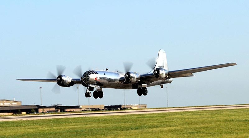 A B-29 Superfortress, known as ‘Doc,’ takes off for the first time in 60 years, in 17 July 2016, at McConnell Air Force Base, Kansas. US Air Force photo by Airman 1st Class Jenna K. Caldwell