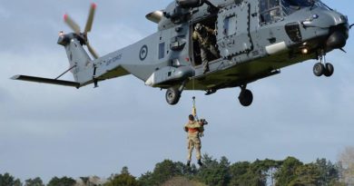 New Zealand Military working dogs get helicopter training. NZDF photos