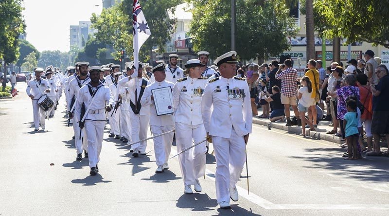 The crew of HMAS Darwin march through the main street of Darwin while exercising their right to Freedom of Entry. Photo by Able Seaman Sarah Ebsworth