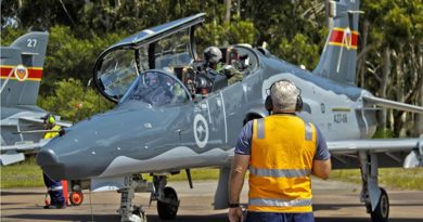 BAE Systems Technician Michael Hickey, communicates with BAE Systems test pilot, Andy Blythe (front Seat) and No 78 Wing test pilot Squadron Leader Michael Physick before their first flight in a modified Hawk-127. Photo by Darren Mottram