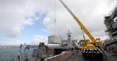 A container of medical supplies being loaded onto HMNZS Wellington, bound for Vanuatu.