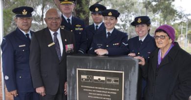 Warrant Officer Don Taylor, Uncle Harry Allie, Acting Chief of Air Force Air Vice - Marshal Warren McDonald, Leading Aircraftman Kyle Wetherall, Leading Aircraftwoman Rachael Ellem, Flight Lieutenant Melinda Mitchell and Aunty Agnes Shea. Photo by Corporal Bill Solomou